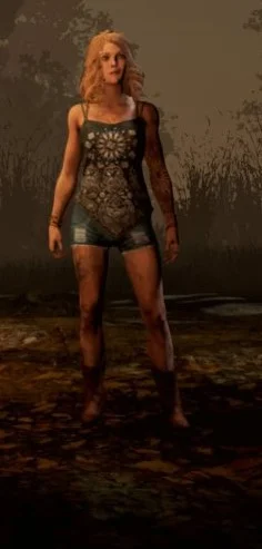 Kate Denson, a young folk singer with curly hair, in the character select screen.