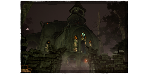 The new Father Campbell's Chapel map in Dead by Daylight , featuring an abandoned church with glowing stained glass windows.