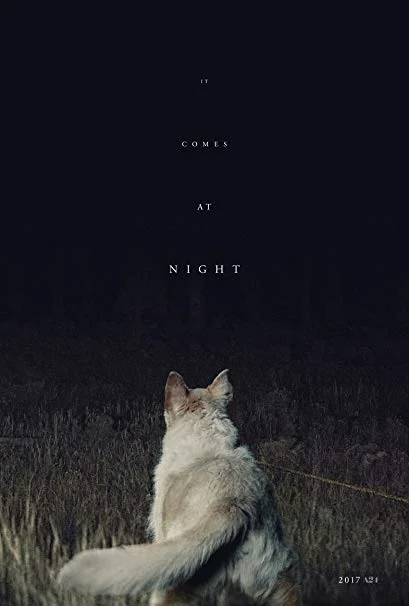 It Comes at Night poster, featuring the family dog on a lead staring into the darkness.