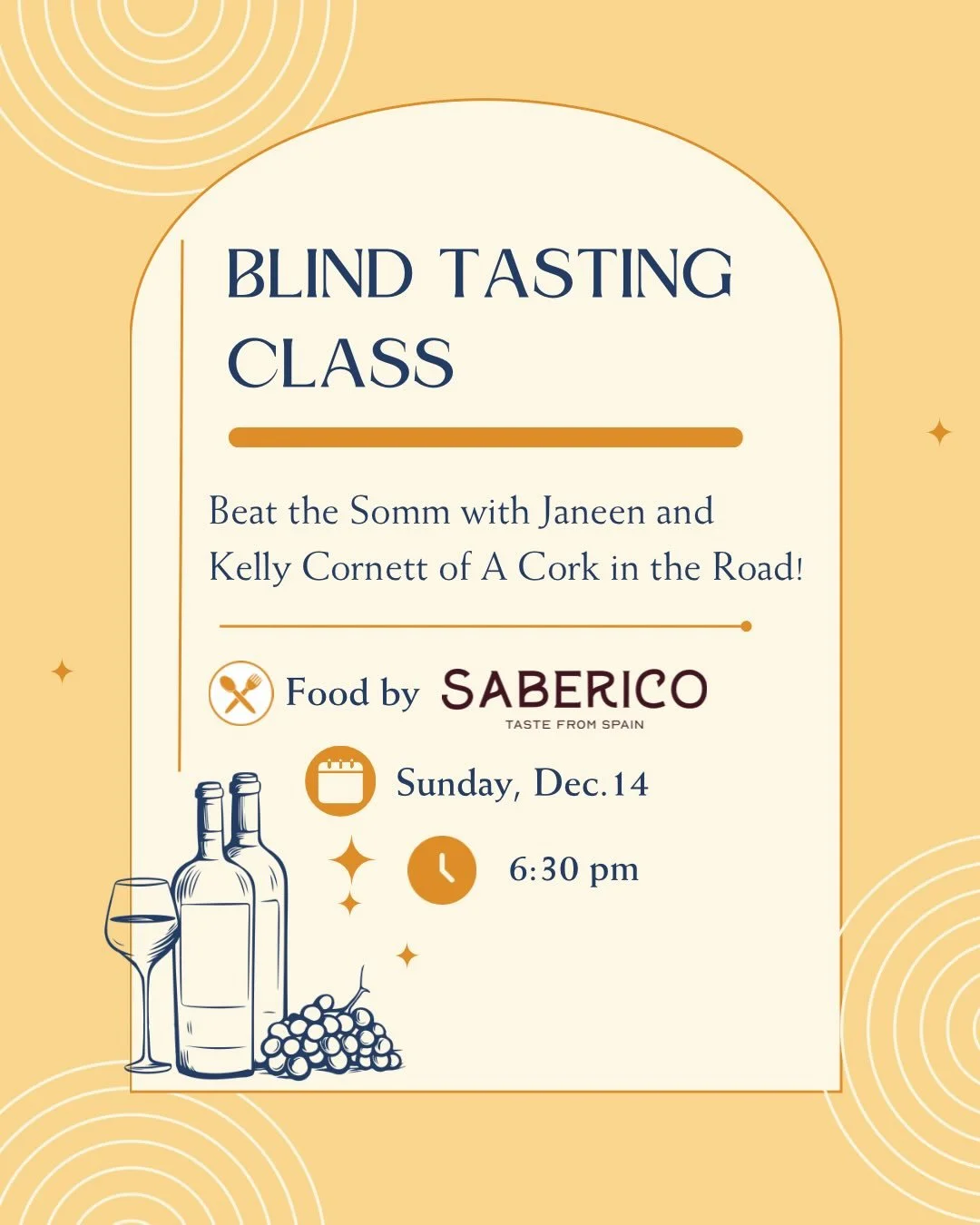 Special Event!
Blind Tasting Class
Sunday, 12/14

Ready to put your taste buds to the test?
Join us for a hands-on blind tasting of 5 classic wines as our master blind taster @jellybeanneen goes head-to-head with @acorkintheroad Kelly Cornett in a pr