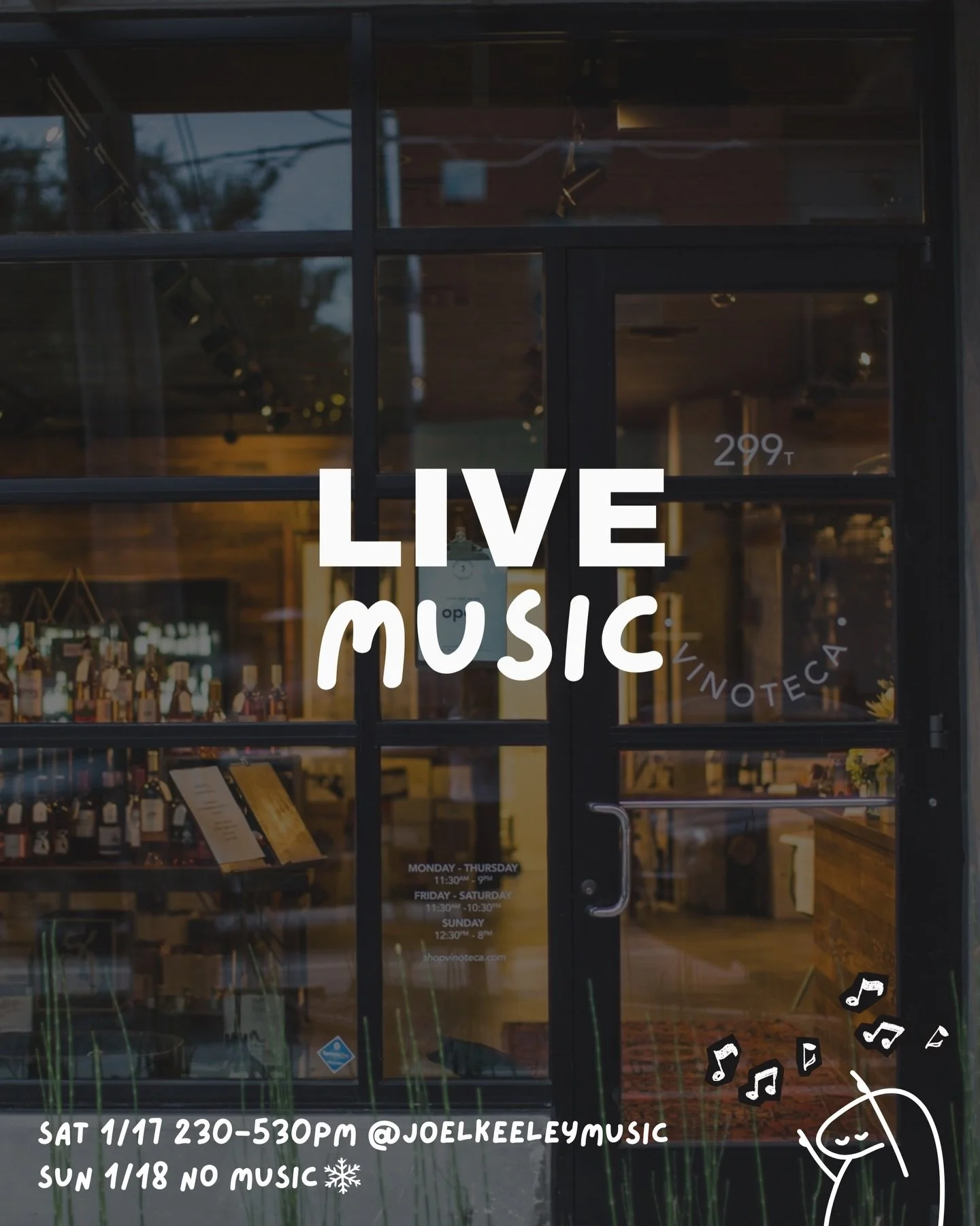 We&rsquo;re staying warm and hosting music inside today! Come by 230-530pm to hear @joelkeeleymusic and taste some delicious vino 🍷

@atthecurbside 

#winetasting #inmanpark #shopvinoteca #atlantalivemusic