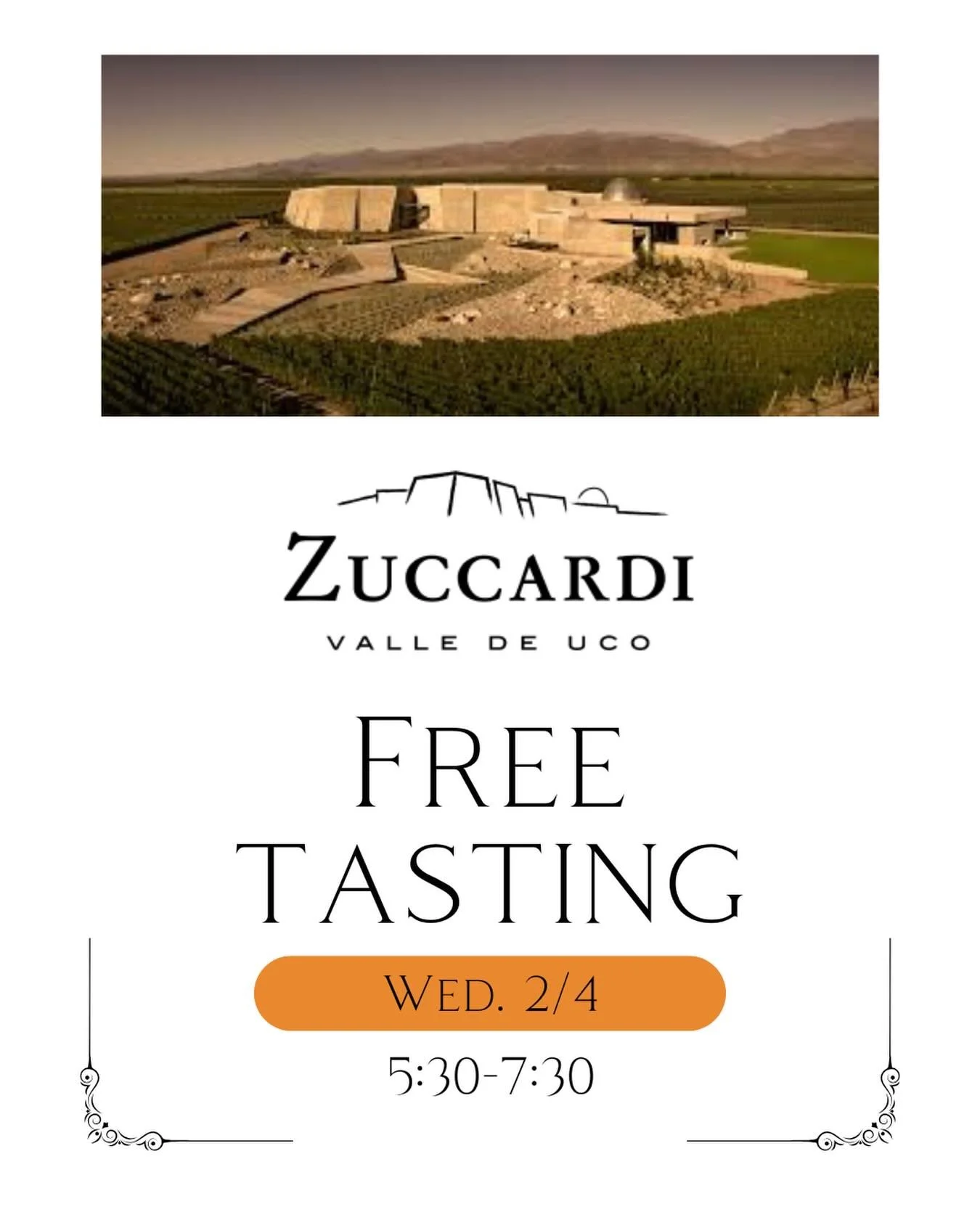 VinoTeca is excited to share one of our favorite Argentinian wineries @zuccardivalledeuco with a free tasting.  We welcome International Export Manager Leandro Lowi for a tasting of 4 of the wineries offerings including their unique sparkling wine as