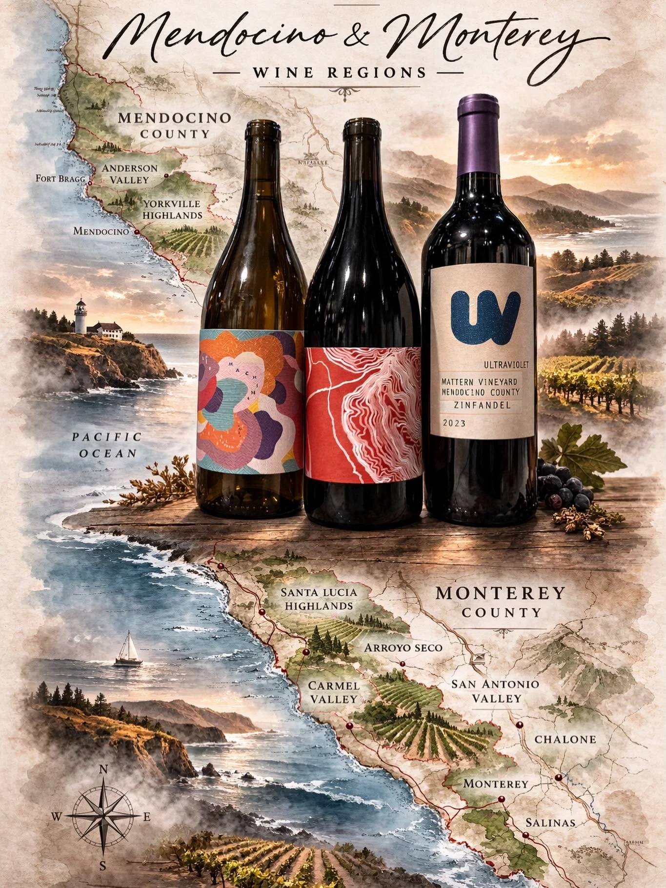 This weeks tasting - Coastal CA

et sail for the Pacific with a three-wine journey through Coastal California, featuring selections from Monterey and Mendocino. Monterey&rsquo;s wine story began in 1791 with Spanish missionaries, and today its dramat