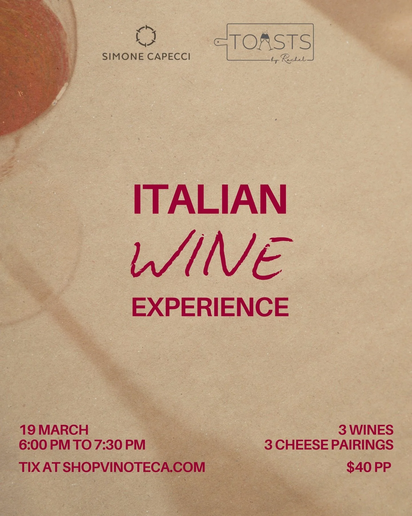🧀🥂&nbsp;Say cheese! 🧀🥂&nbsp;Join us on Thursday, March 19 for a special Italian wine and cheese tasting. @toastsbyrachel has curated three cheese pairings and accompaniments to taste with wines from @simonecapecci_winery. PLUS we&rsquo;ll welcome