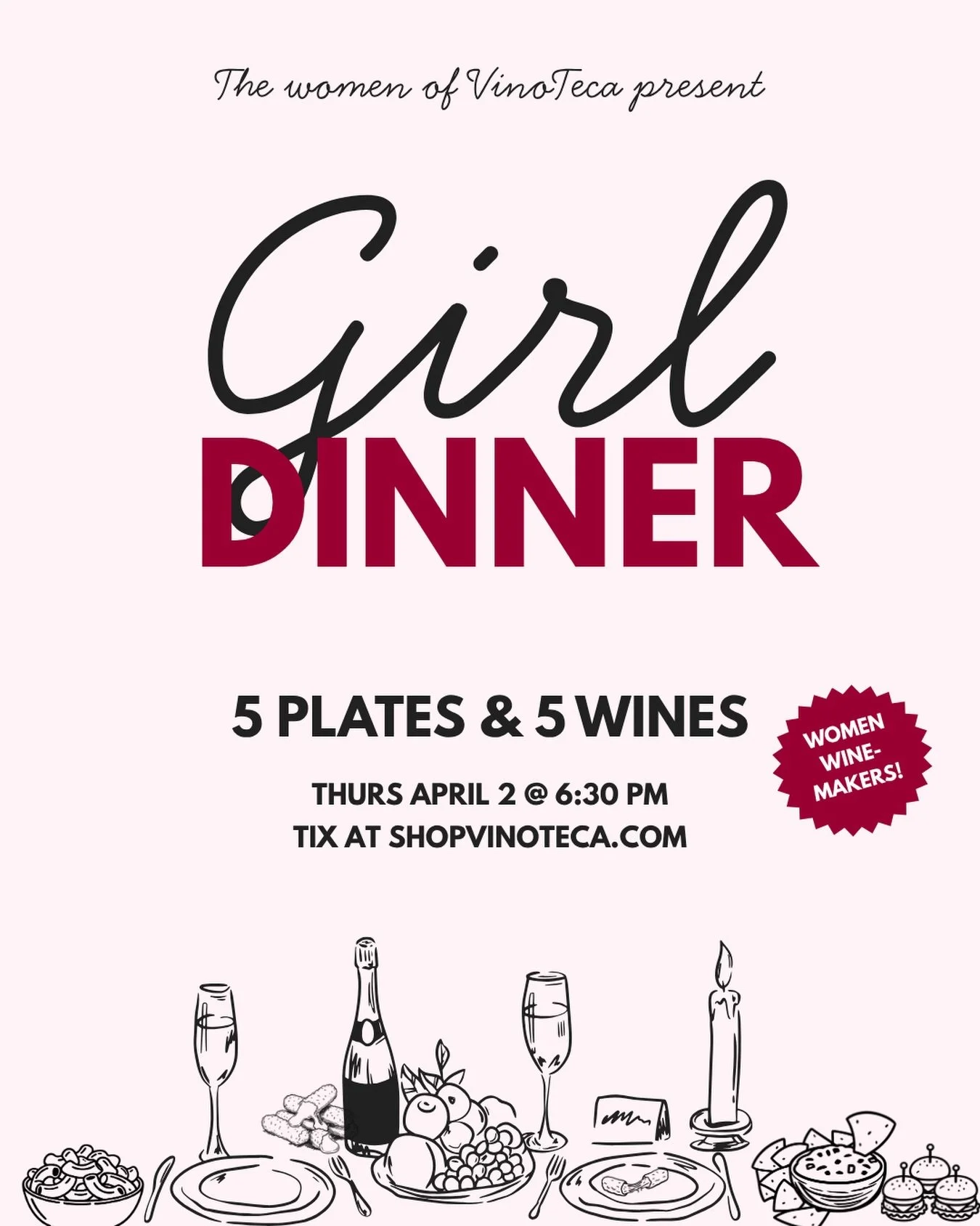 The women of VinoTeca present&hellip;Girl Dinner! 5 women of VinoTeca have selected their favorite &ldquo;girl dinner&rdquo; plates and paired them with one of their favorite wines. 

Chef Pedro (@saberico.us) is bringing some of our favorites to lif