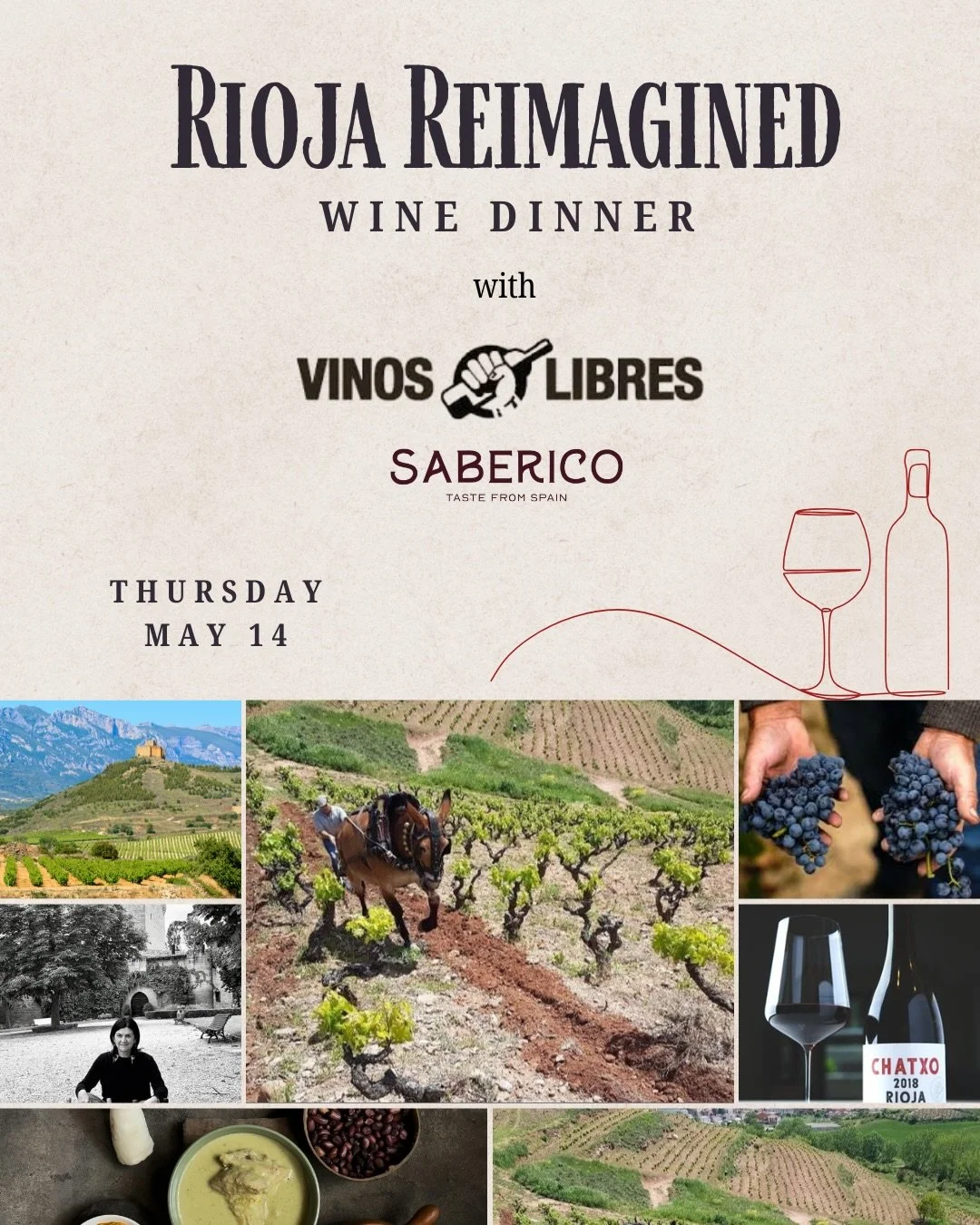 🍷 Wine Dinner: Rioja! 🇪🇸

Join us Thursday, May 14 for an intimate evening exploring Rioja, guided by special guest Rolf Yslas of @vinoslibres. With a focus on small producers and expressive, terroir-driven wines, Rolf brings a fresh perspective t