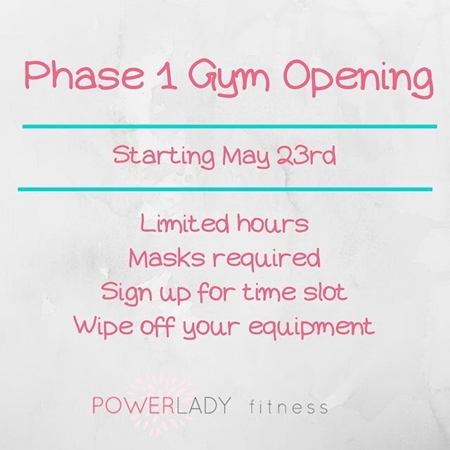 We are so excited to announce that we will be opening May 23rd under Covid 19 guidelines. Listed above are some of the main policies we will be enforcing at the gym. To see the rest go to www.powerlady.com/phase-1-plan  #powerladyatl #gym #atlanta #a