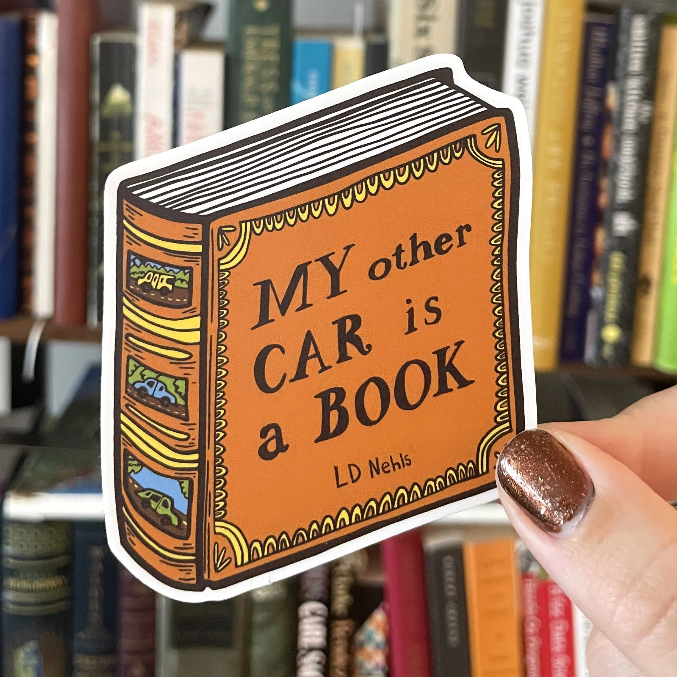 my other car is a book sticker shelf background.jpg