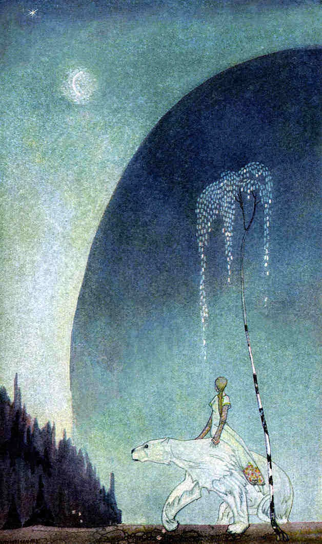 “Next Thursday evening came the White Bear to fetch her, and she got upon his back with her bundle, and off they went.” Illustration by Kay Nielsen. Published in East of the Sun and West of the Moon: Old Tales from the North by Asbjørnsen & Moe (1926?), George H. Doran Company.