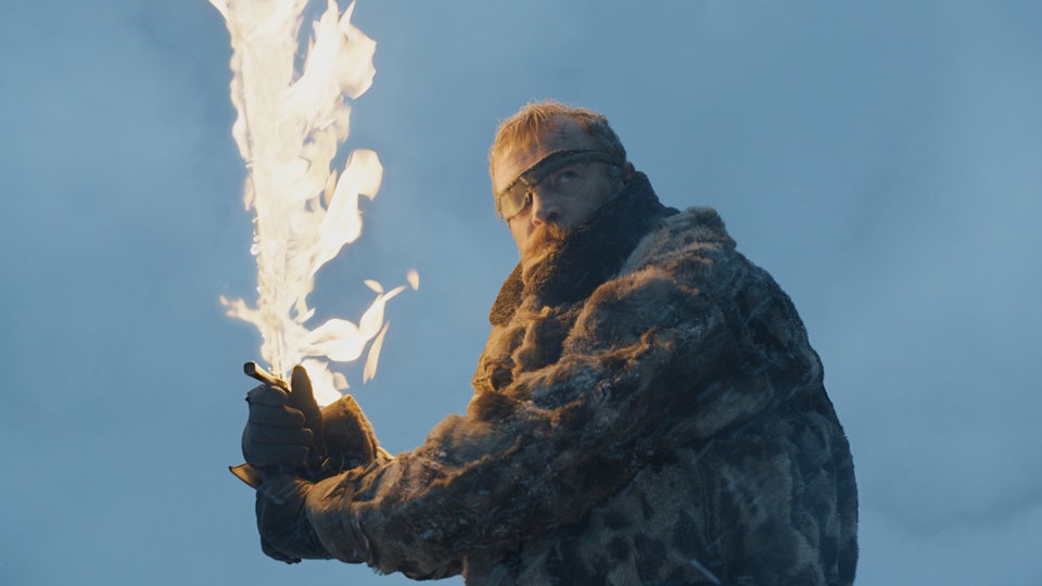 Beric Dondarrion wields a flaming sword on HBO’s Game of Thrones