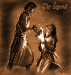 Azor Ahai thrusts Lightbringer into Nissa Nissa's breast. Art by Amok.