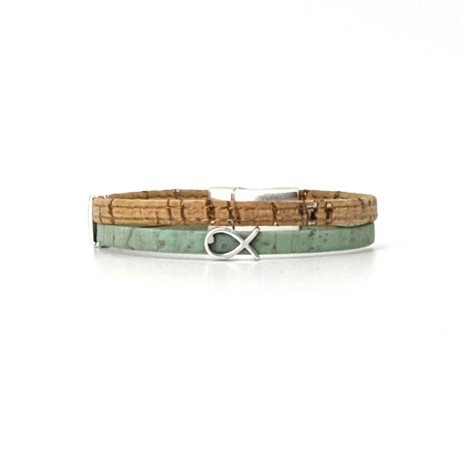 unique handmade cork bracelet, unique, silver jesus fish