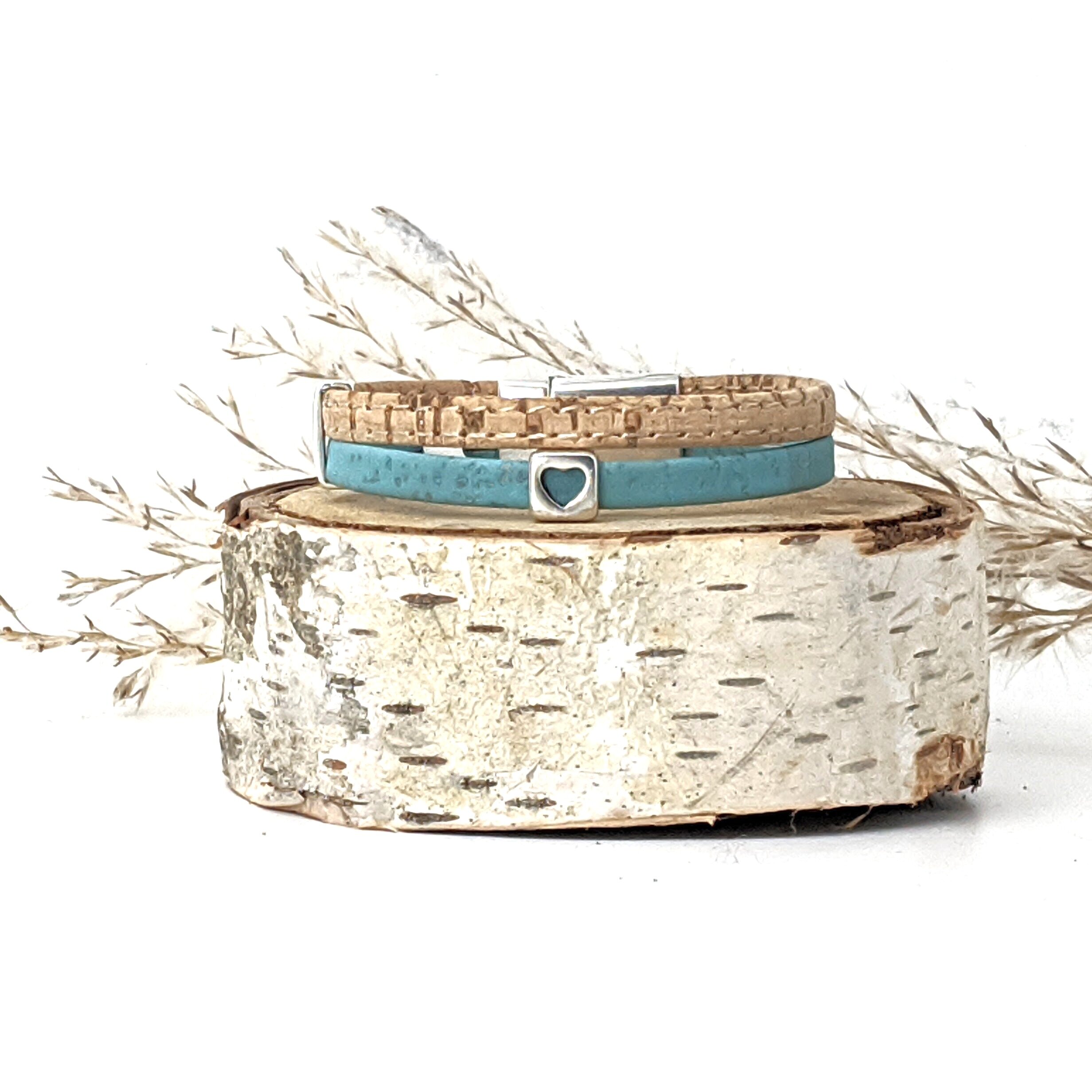 unique handmade cork bracelet, unique, silver square heart, ocean blue