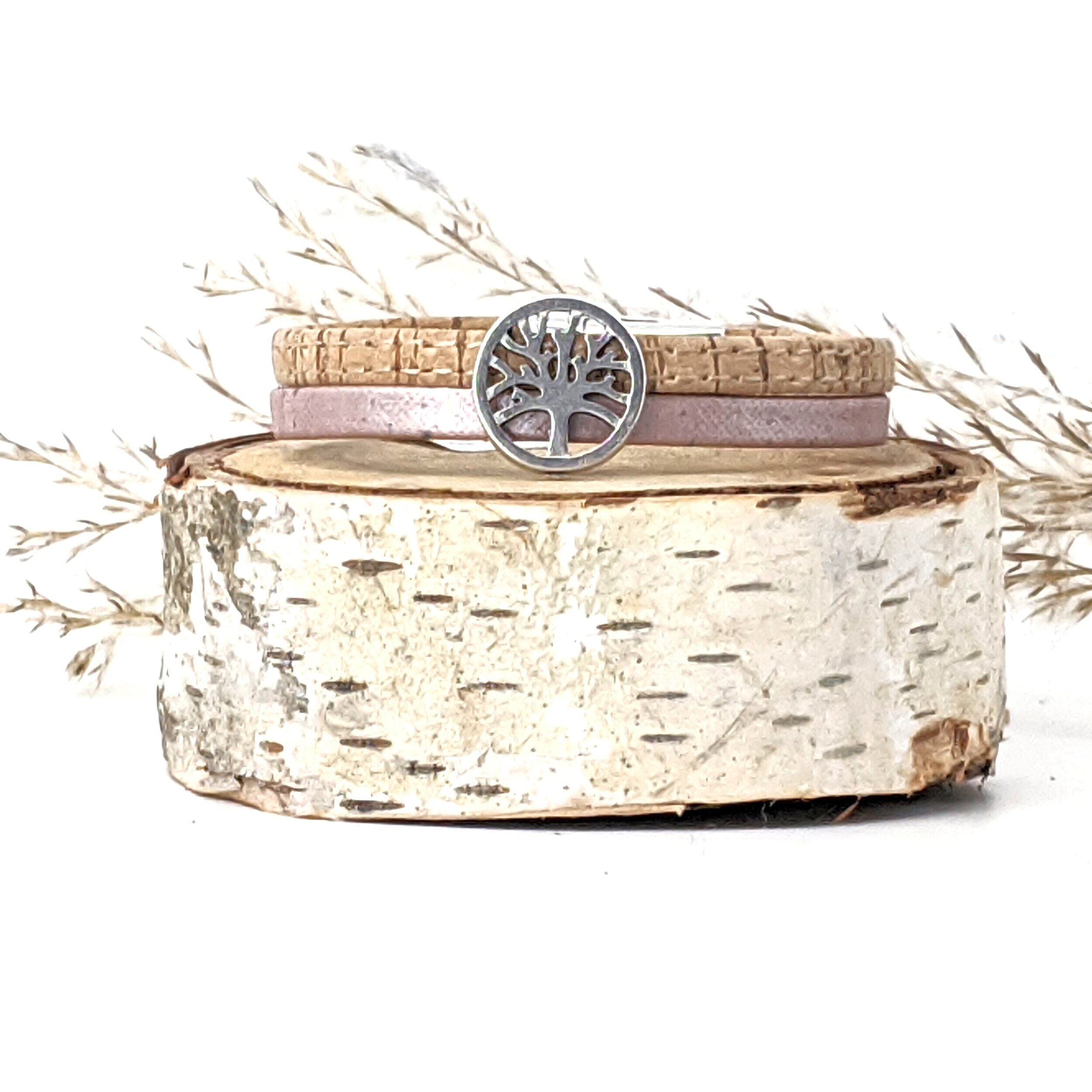 unique handmade cork bracelet, unique, silver tree of life, pink
