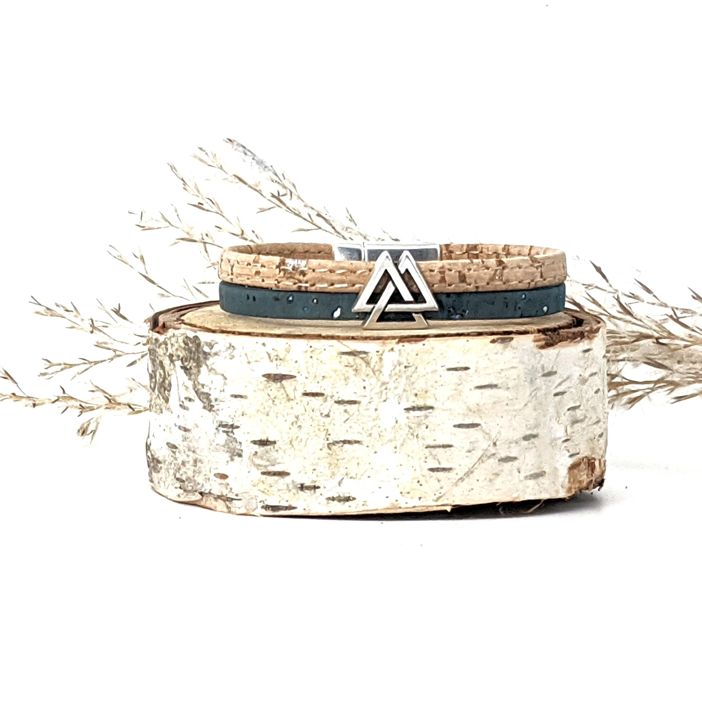 unique handmade cork bracelet, unique, silver triple triangle, teal blue