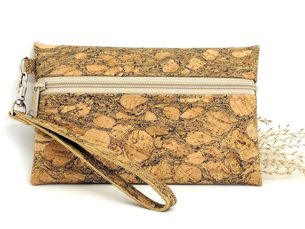 Marbled cork clutch with wristlet streap