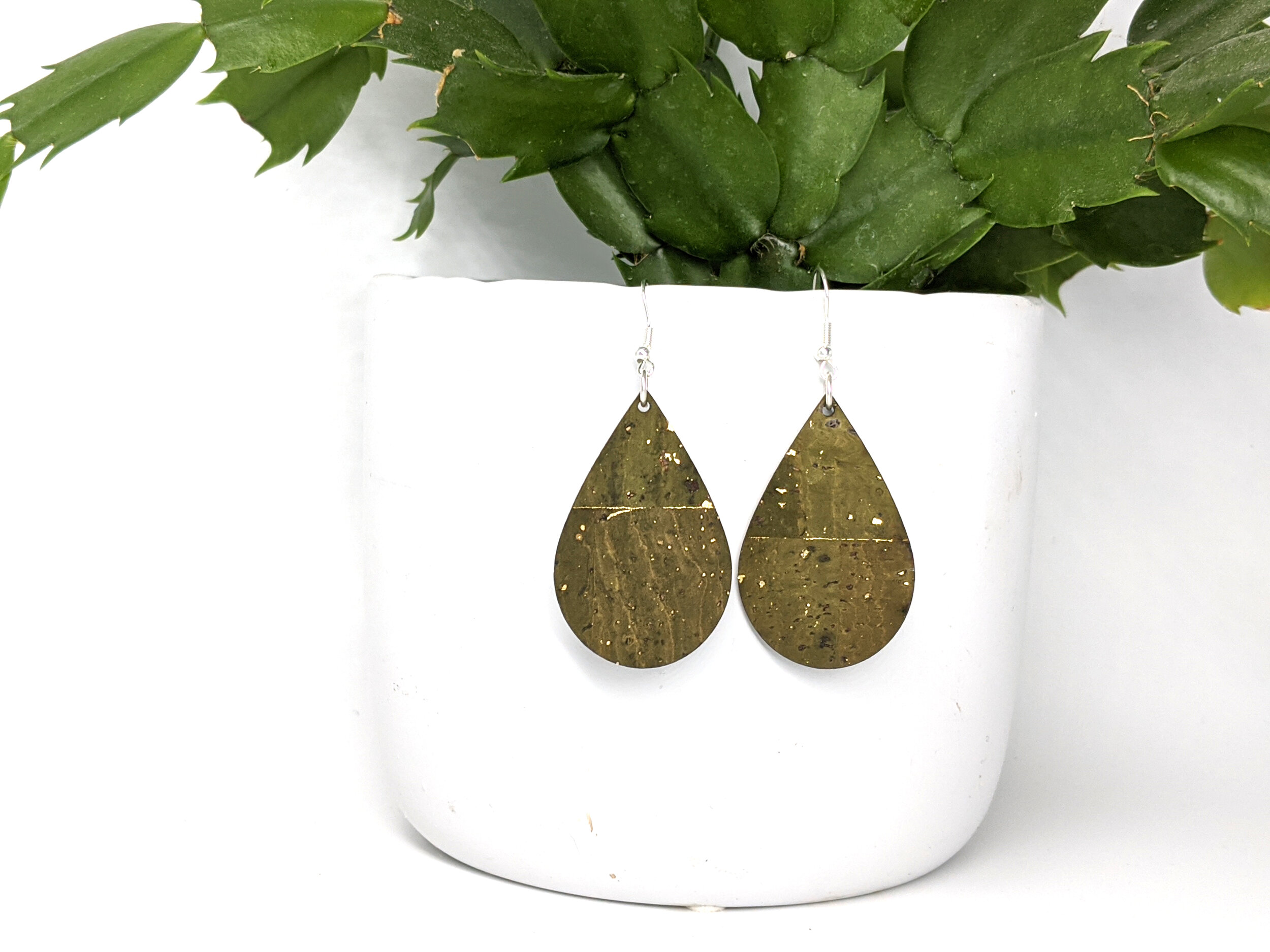 Olive green cork teardrop earrings