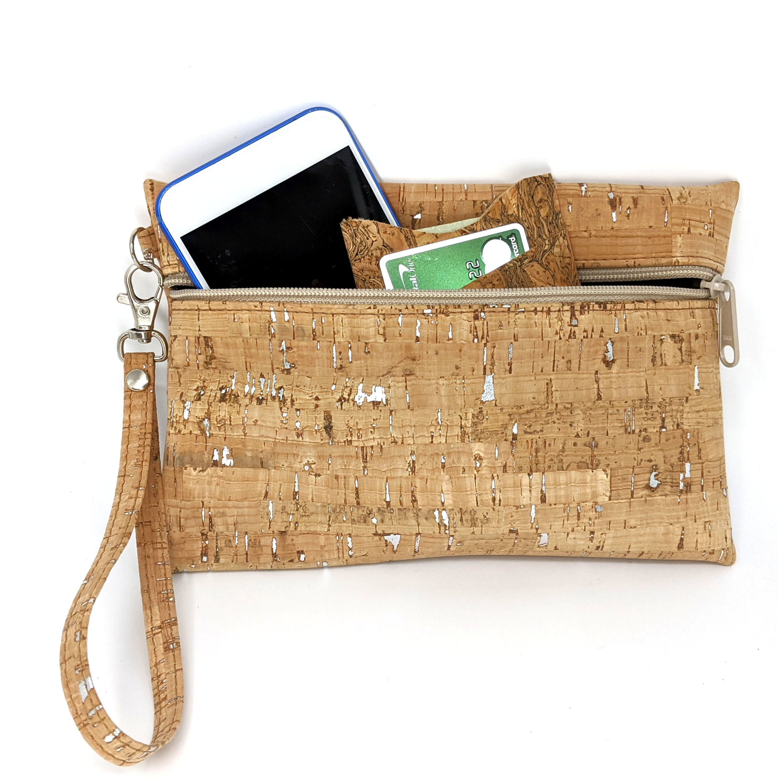 Kroutons Spicer Bags Phone Wristlet in Natural Cork With Gold Flecks 