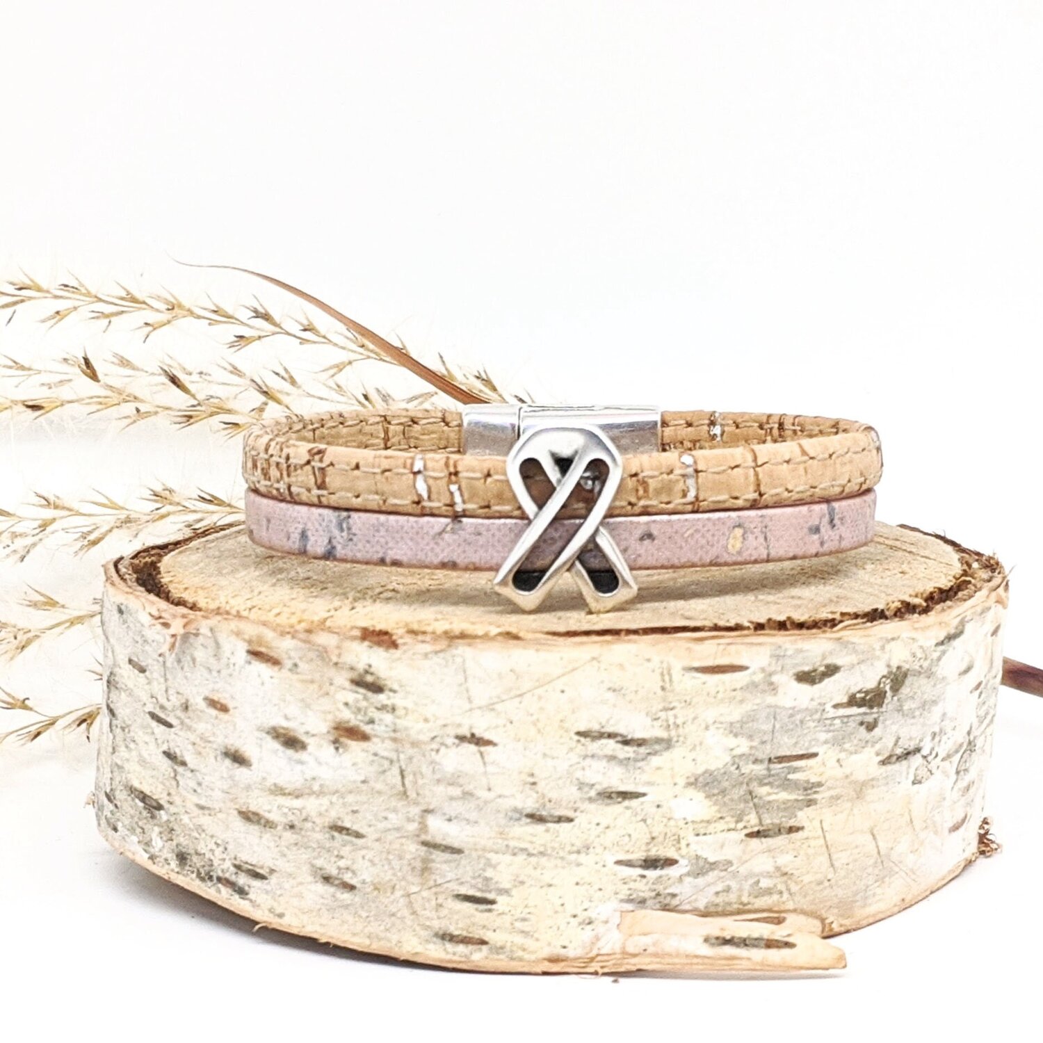 Classic Cork Bracelet With Cancer Ribbon Motif