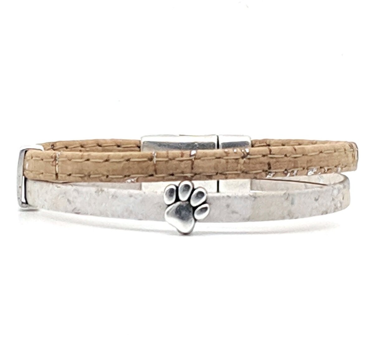unique handmade cork bracelet, unique, silver dog paw, white