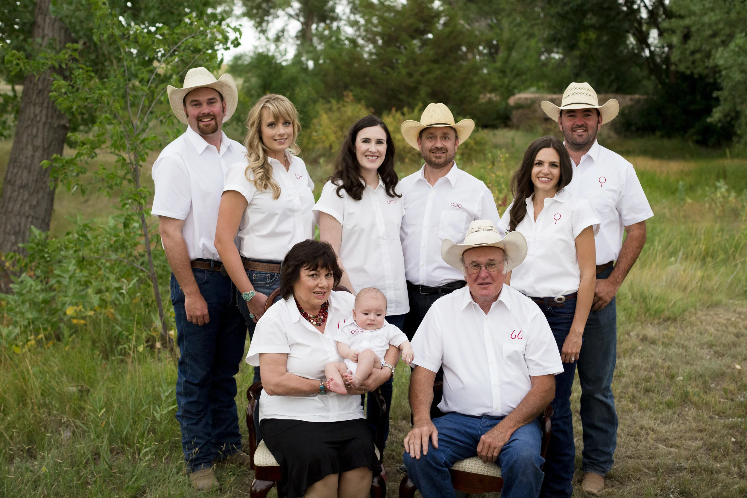 R-L (back row) James and Lora, Helyna and John, Sarah and Wil (front row) Hilary and Bill with grandson John William (belonging to Helyna and John)