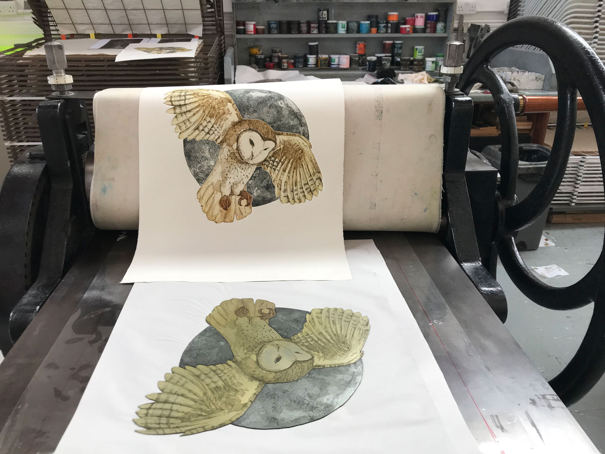 Barn owl and moon etching by jenny mccabe on the printing press