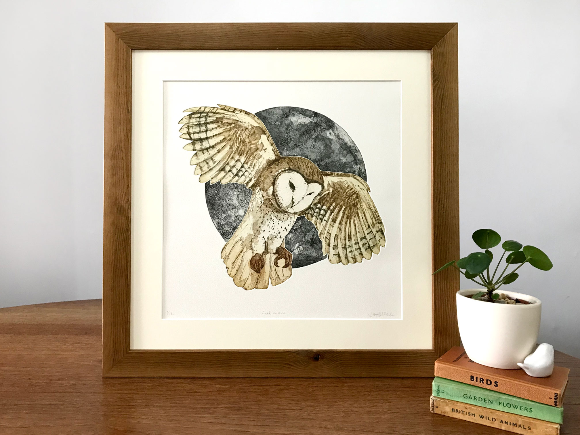 Barn owl and moon etching by jenny mccabe