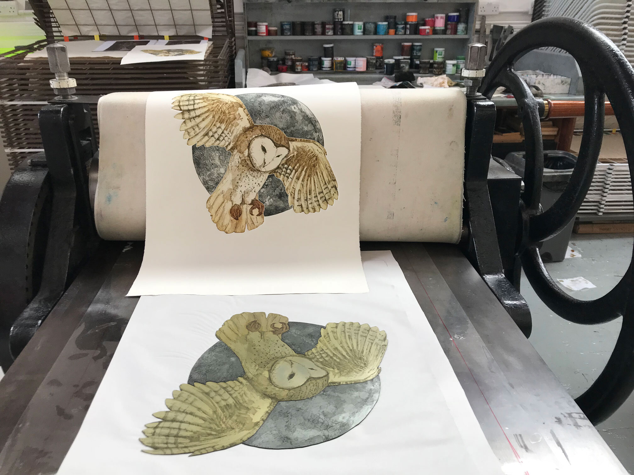 barn owl and moon Hand cut etching by Jenny McCabe. on printing press barn owl art