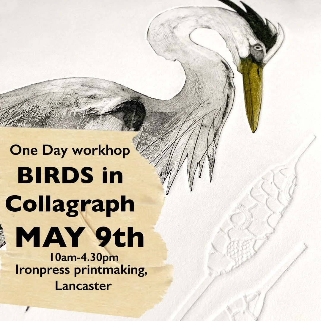1 Day Birds in Collagraph. Ironpress printmaking, Lancaster SOLD OUT