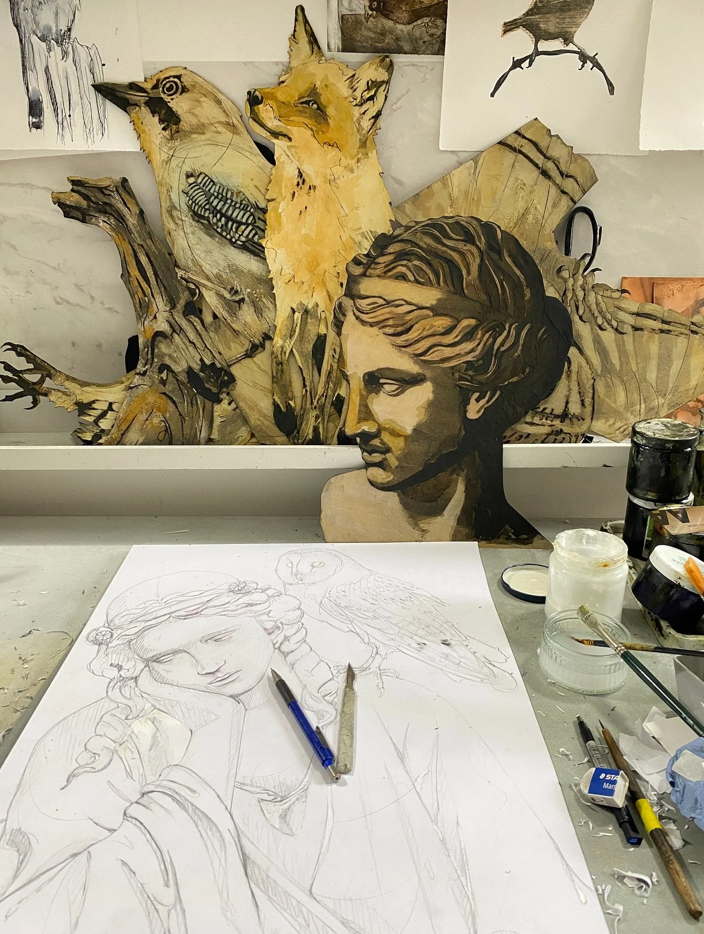 My desk 
I&rsquo;m working on a new body of work for @printfestulverston in a few months and wanted to bring together my wildlife and my stone sculptures- trying out a grave sculpture and a barn owl to see if it works  really enjoying working big - f