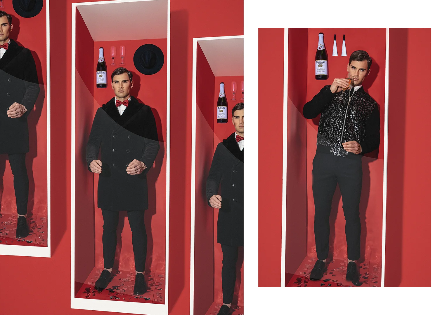 L: Coat THEORY | Shirt CALVIN KLEIN | Trousers GUCCI | Shoes DOLCE & GABBANA | Bowtie TOM FORD R: Jacket ZARA | Shirt CALVIN KLEIN | Trousers GUCCI | Shoes DOLCE & GABBANA | Tie LANVIN