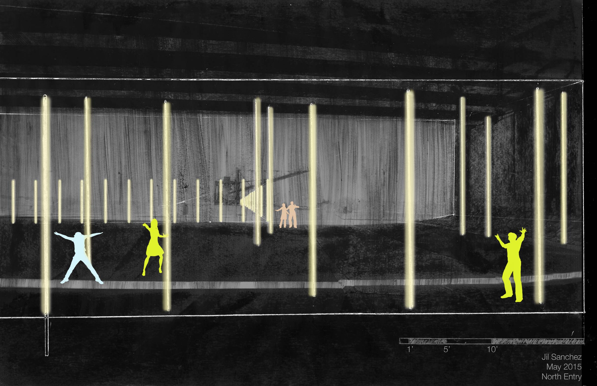 The project intervenes in a residual industrial space with fuel bunkers, above- and below-grade piping, drainage pits, fences, and remnant machinery. You are not welcome here, merely tolerated. If you come after sundown, a police car is likely on it