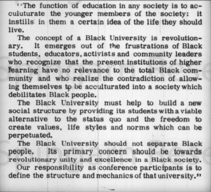 Toward a Black University Conference 13-17 November 1968. Hilltop, 8 November 1968.