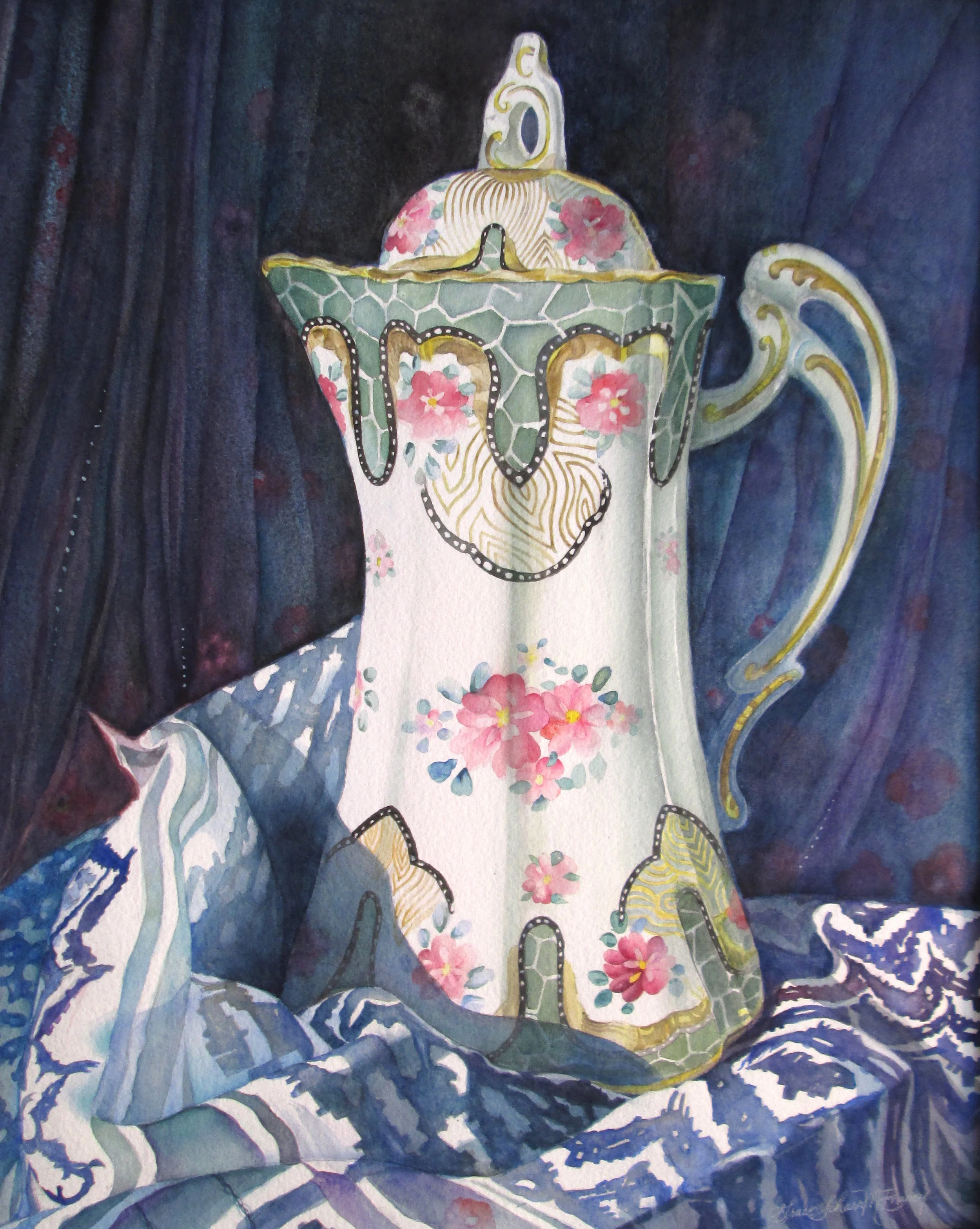 "Vintage Teapot on Headscarf" 26" x 31"