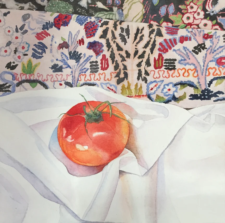 "Tomato on White Cloth" 12' x 12" unframed (watercolor on canvas)