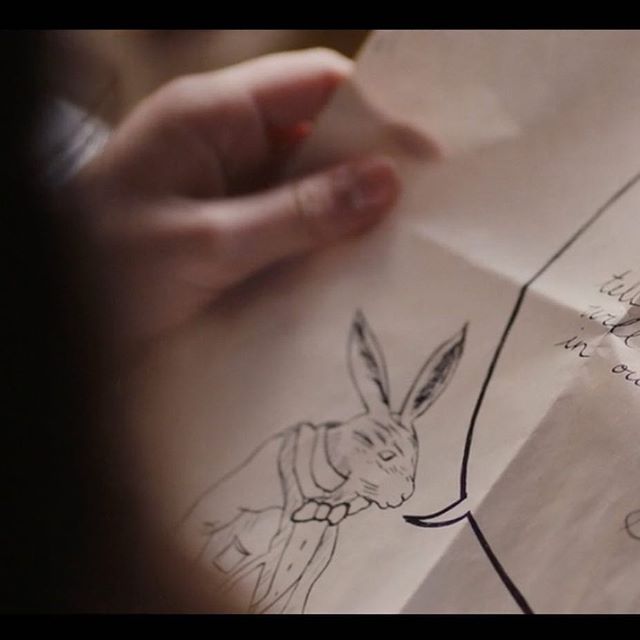 Screenshot from a scene in @aliceandlewisfilm . Letter by Charles Dodgson with recreation of the original drawing of the White Rabbit by Lewis Carroll himself. Swipe to see original. .
.
.
.
. 
#aliceliddell #aliceinwonderland #lewiscarroll #charlesd