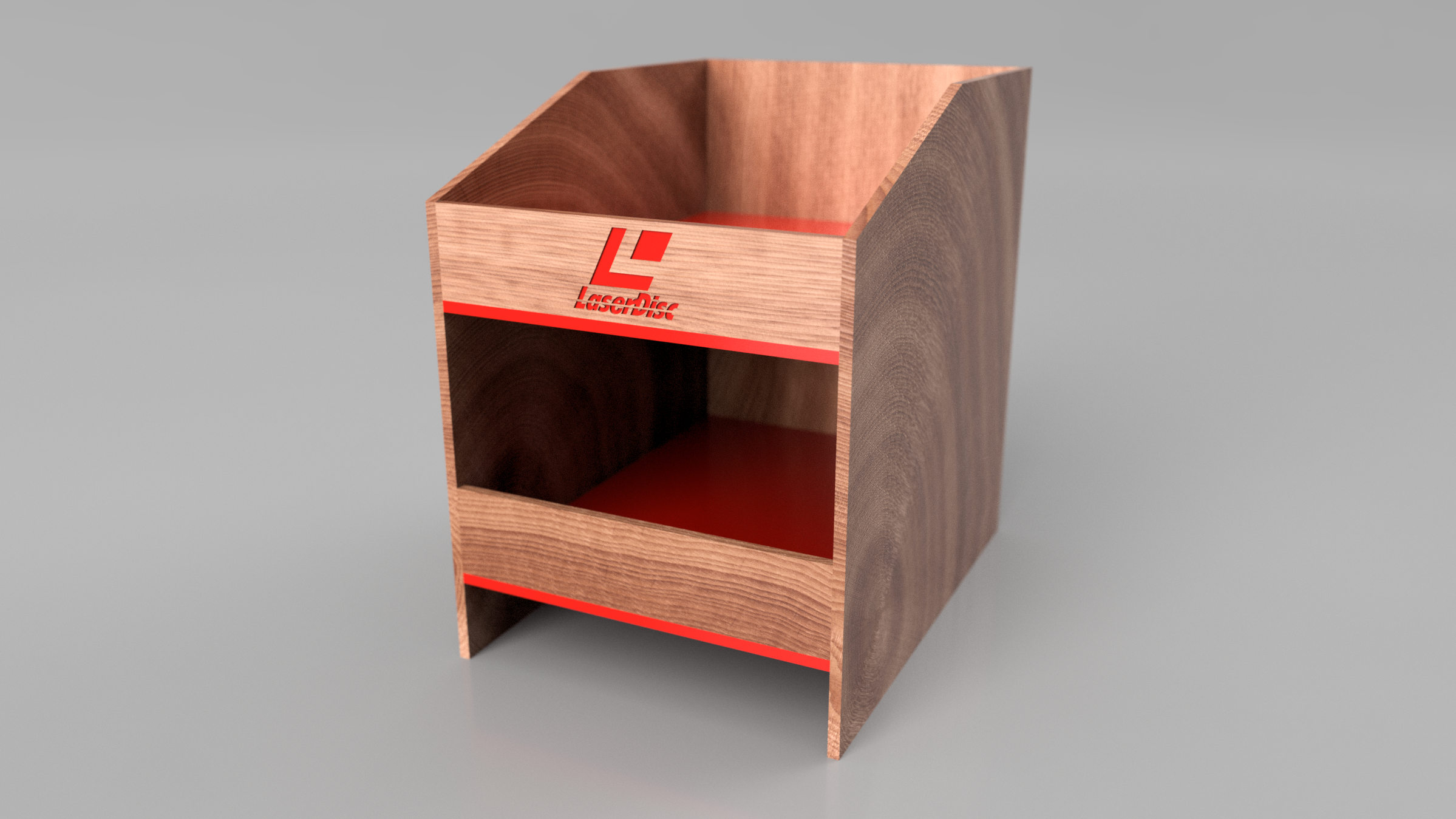 This is based on an existing design from a vinyl shelf I bought to keep my Laserdisc collection in prime display condition. I fantasized about having an actual product made for Laserdisc, and what that might look like. You gotta with red trim right? Because LASERS!!