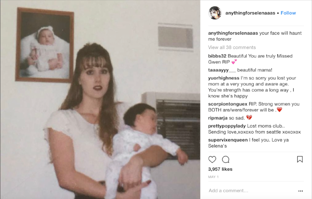 Instagram post by @anythingforselenaaas . Photograph with her mother as infant with the caption “your face will haunt me forever.” Image courtesy of Selena Ruiz.