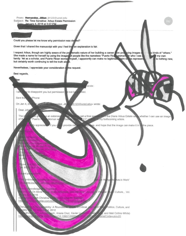 Figure 2. Jillian Hernandez, What the moon, the beauty mark, and the wasp told the Arbus Estate , 2018. Ink on paper. Image courtesy of the author.