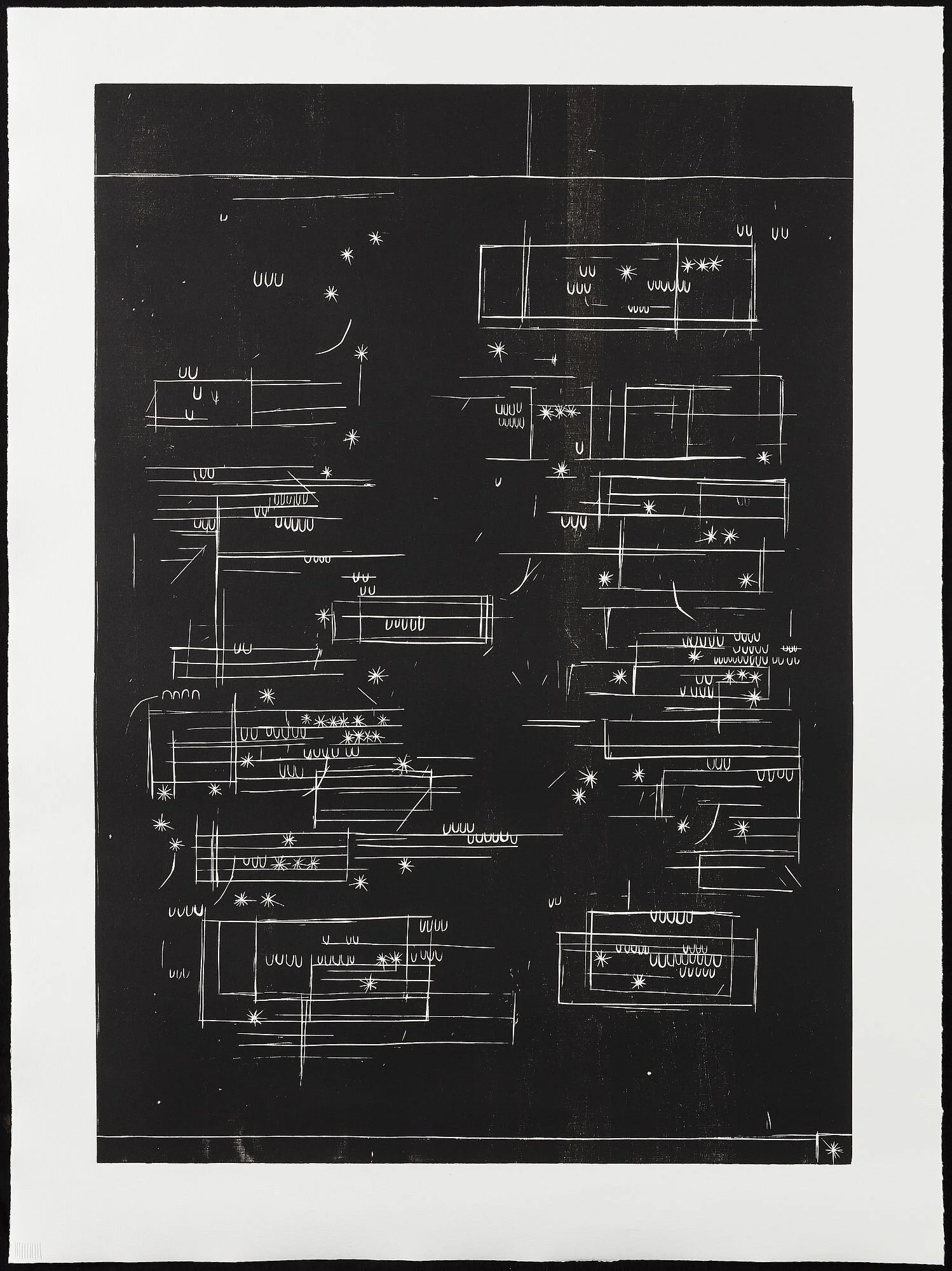 Figure 12: Ester Fleckner. I navigate in collisions, (Jeg navigerer i kollisioner), 11, 2014–2015. Woodcut on paper, 101 x 75 cm. Courtesy of the artist, Avlskarl Gallery, Copenhagen, and Galerie Barbara Wien, Berlin. (Photo: Anders Sune Berg)