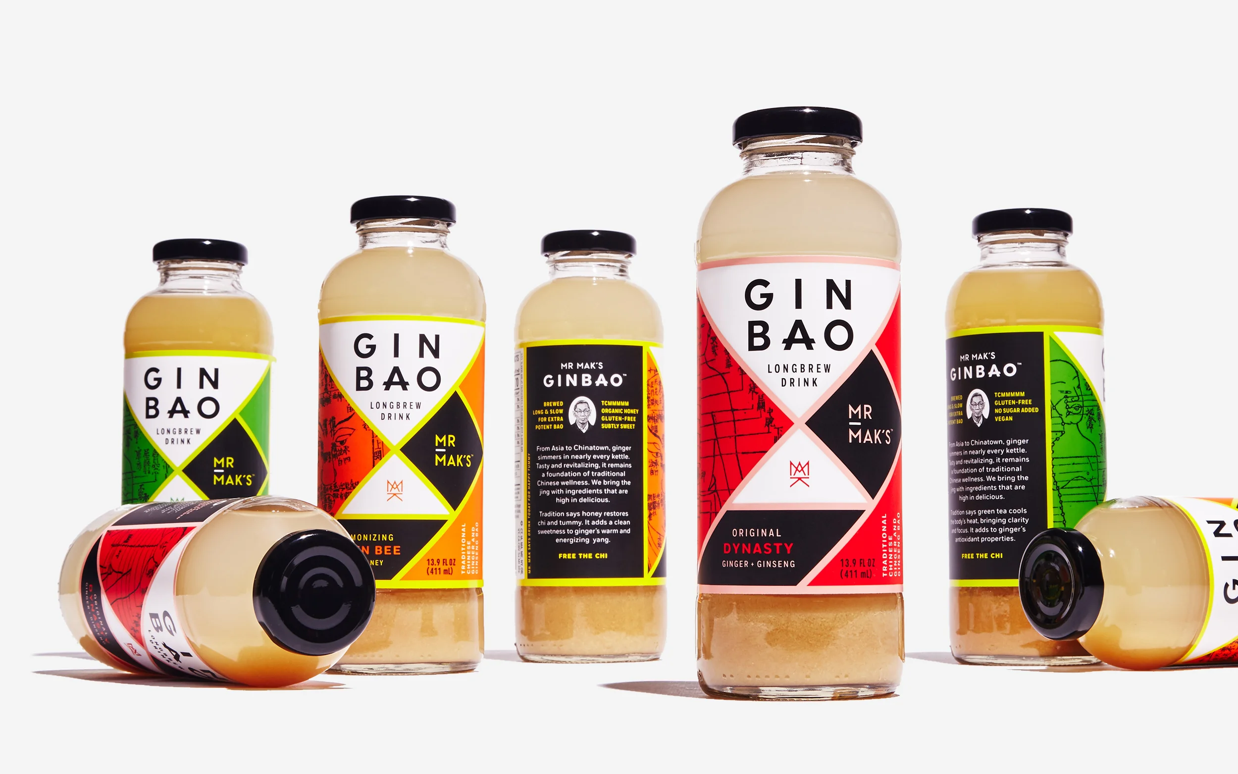 Mr. Mak's Ginbao packaging design. Dynasty, Queen Bee, and Dragonwell bottles. Designed by Abby Haddican at Werner Design Werks.