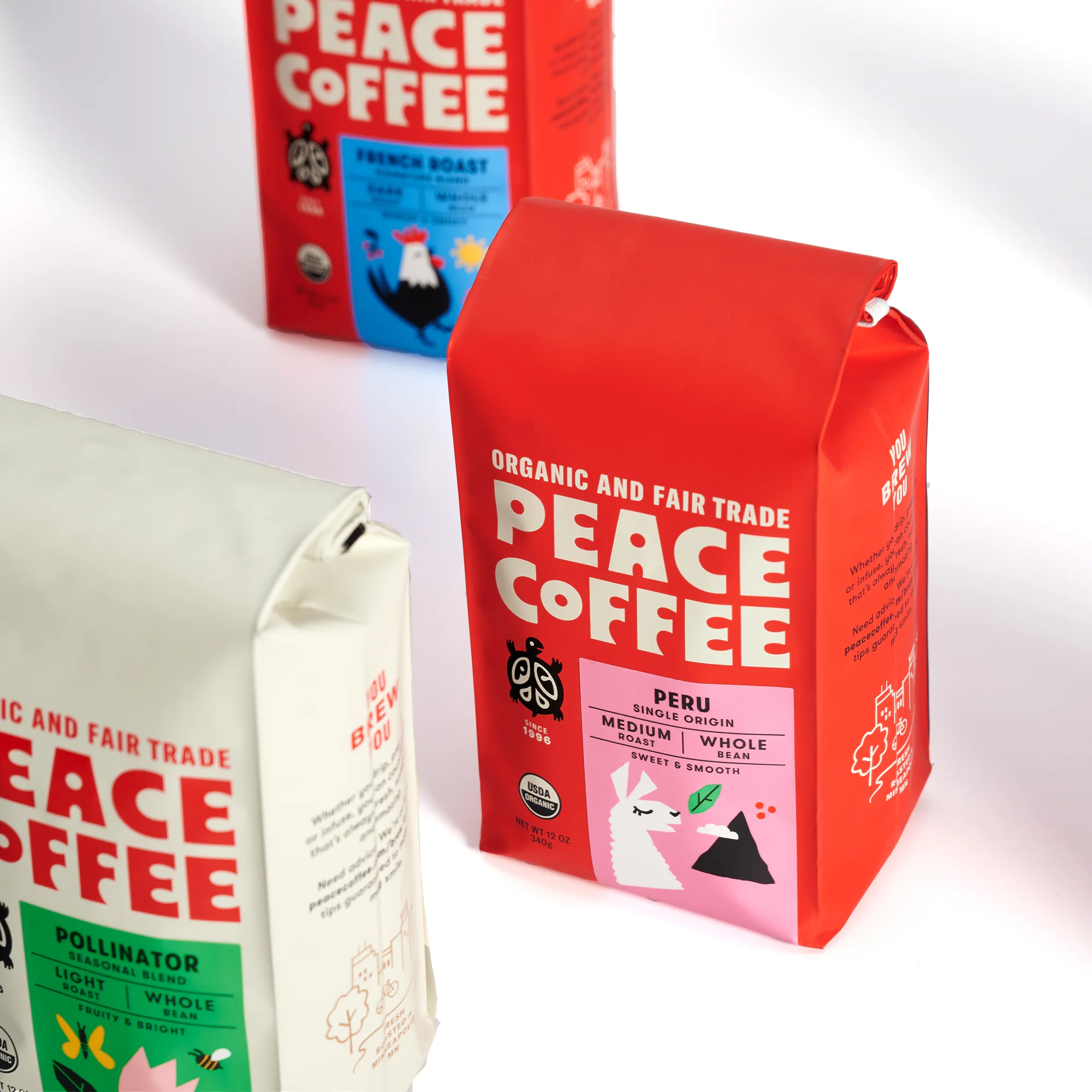 Peace Coffee packaging redesign by Abby Haddican Studio in Saint Paul, Minnesota.