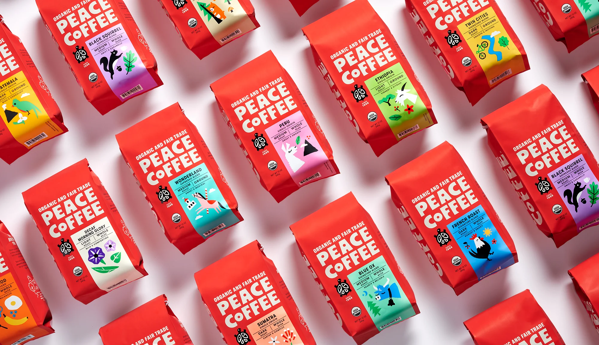 Peace Coffee 12oz coffee packaging design by Abby Haddican.