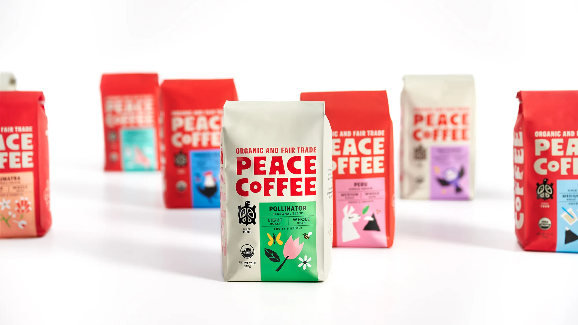Seasonal and limited edition coffees get a cream-colored bag to distinguish them from Peace Coffee’s standard lineup.