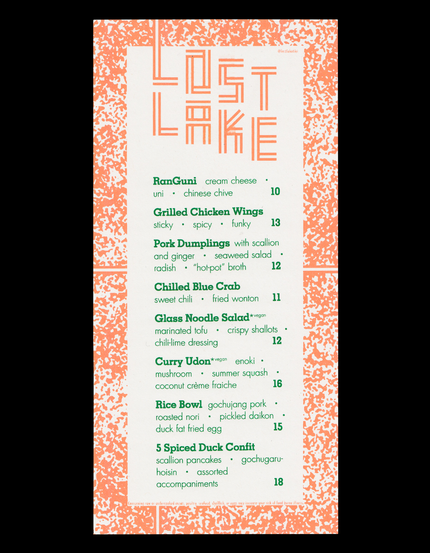 Lost Lake Food Menu, 2017 11” x 6” 2-color risograph print