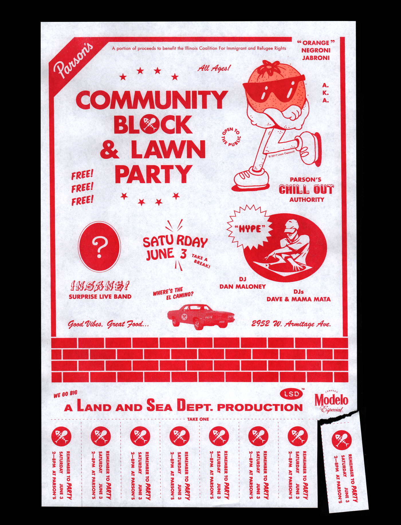 Parson’s Community Block & Lawn Party Poster, 2017 11” x 17” 2-color risograph print on tabloid paper with tearaway strips