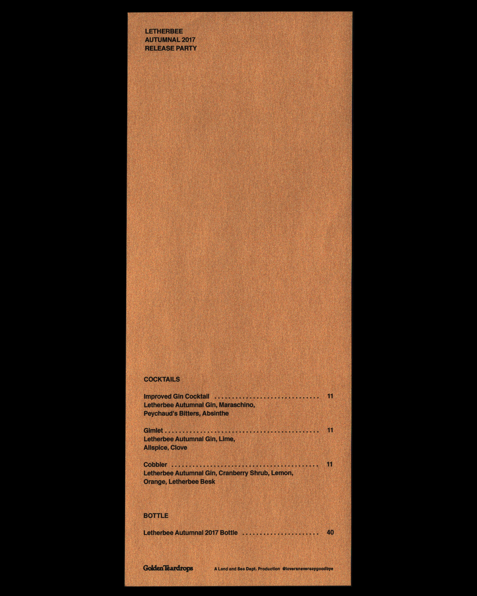 Letherbee Autumnal Release Party Menu, 2017 4.25” x 11” 1-color print on sparkly gold paper