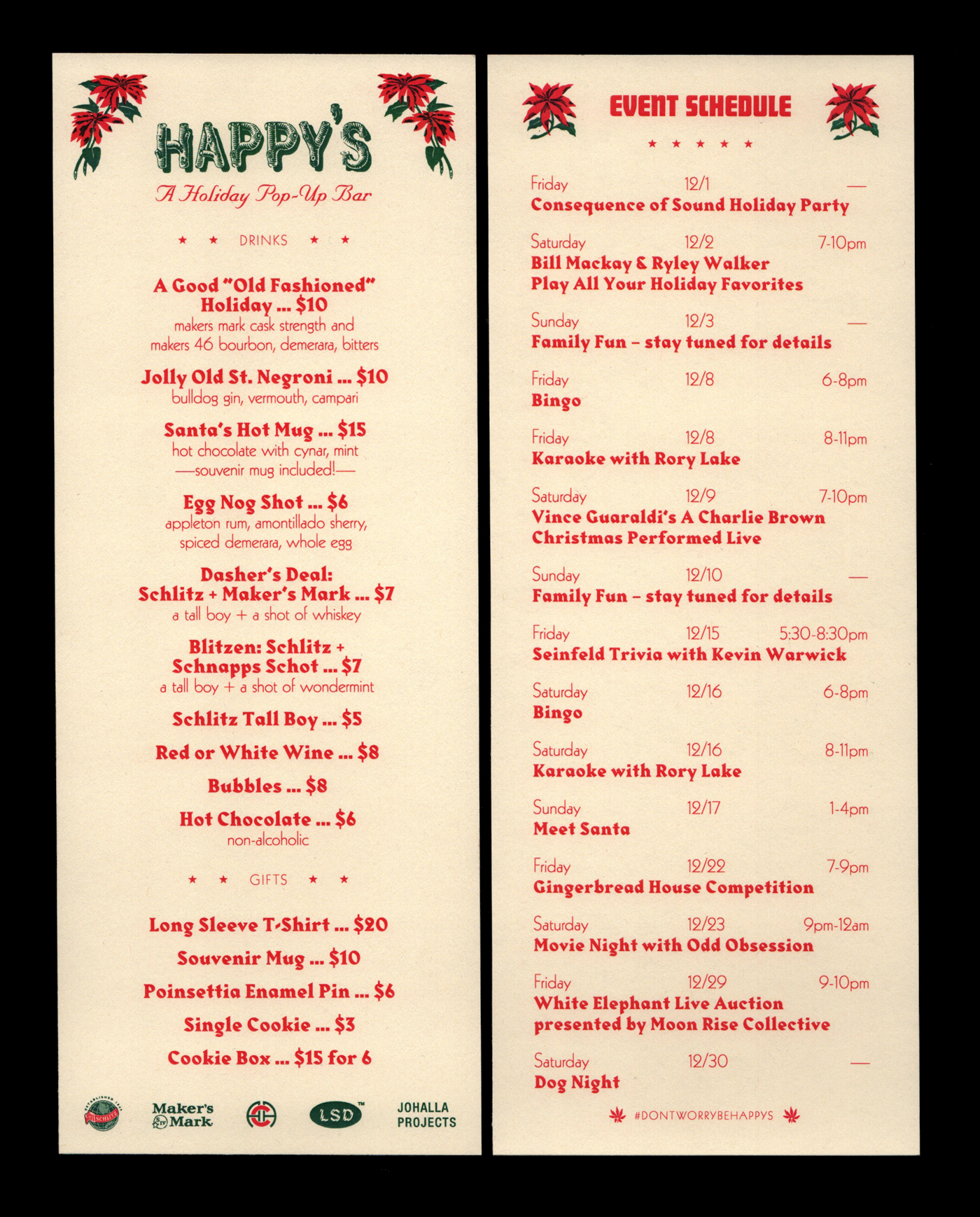 Happy’s Pop-up Bar Menu, 2017