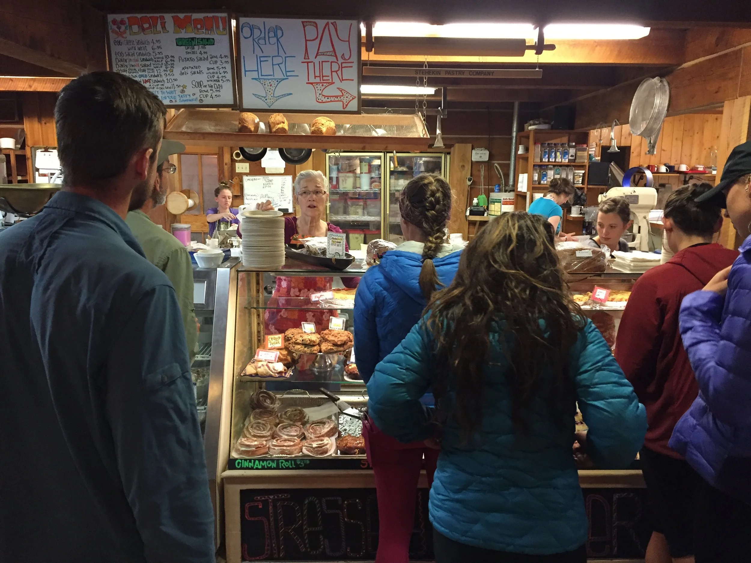 Hikers waiting in line at the famous Stehekin Bakery in Northern Washington