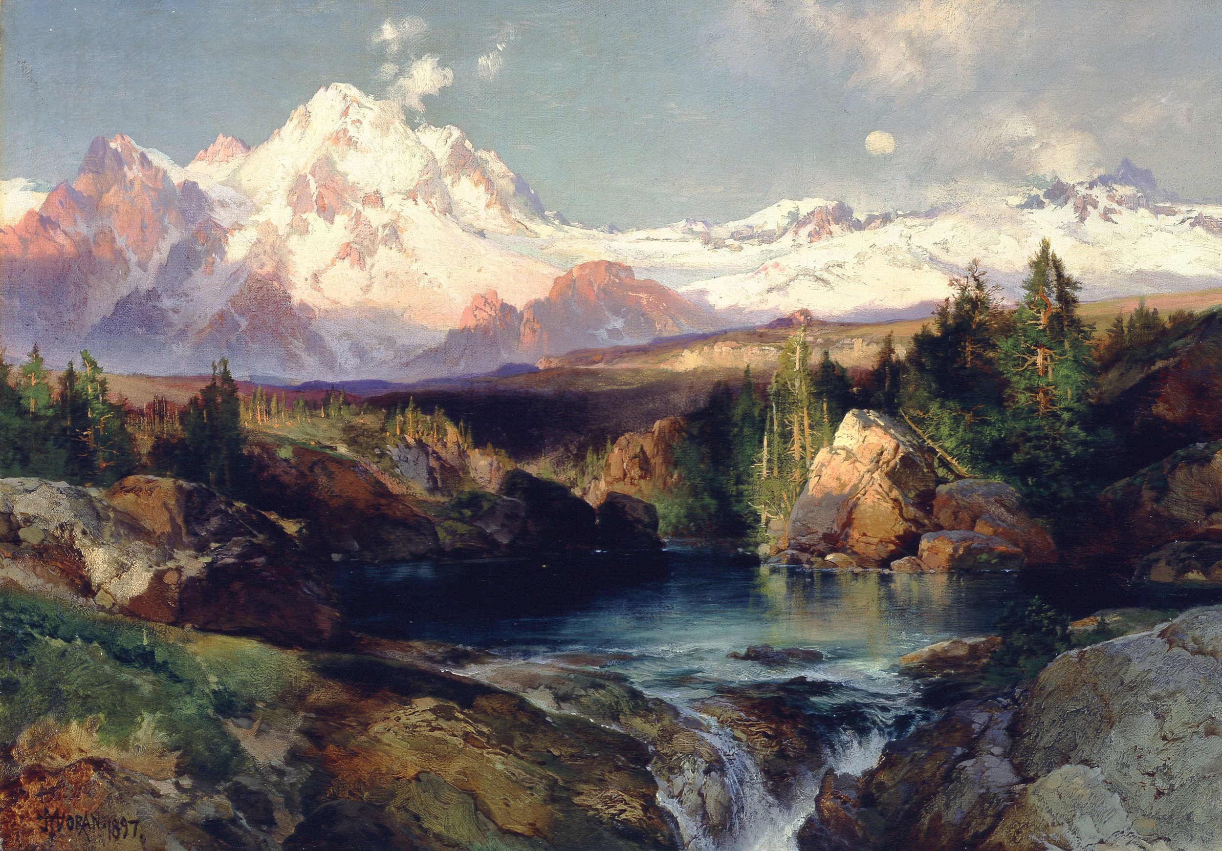  THOMAS MORAN (1837-1926)   The Tetons ,&nbsp;1897.&nbsp;Oil on canvas.&nbsp;14 x 20 inches. 